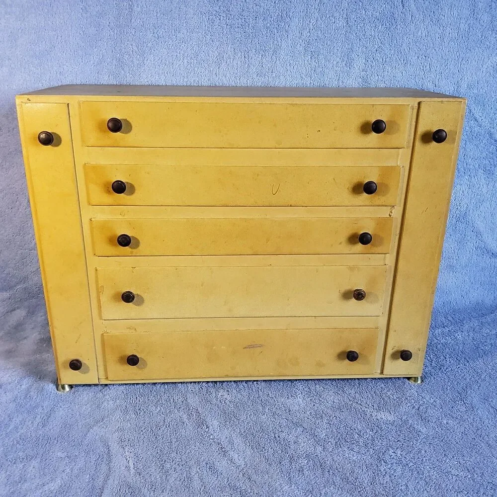 Vintage Wooden Yellow Dresser Jewelry Box 5 Drawer 2 Side Necklace Pull Out Door